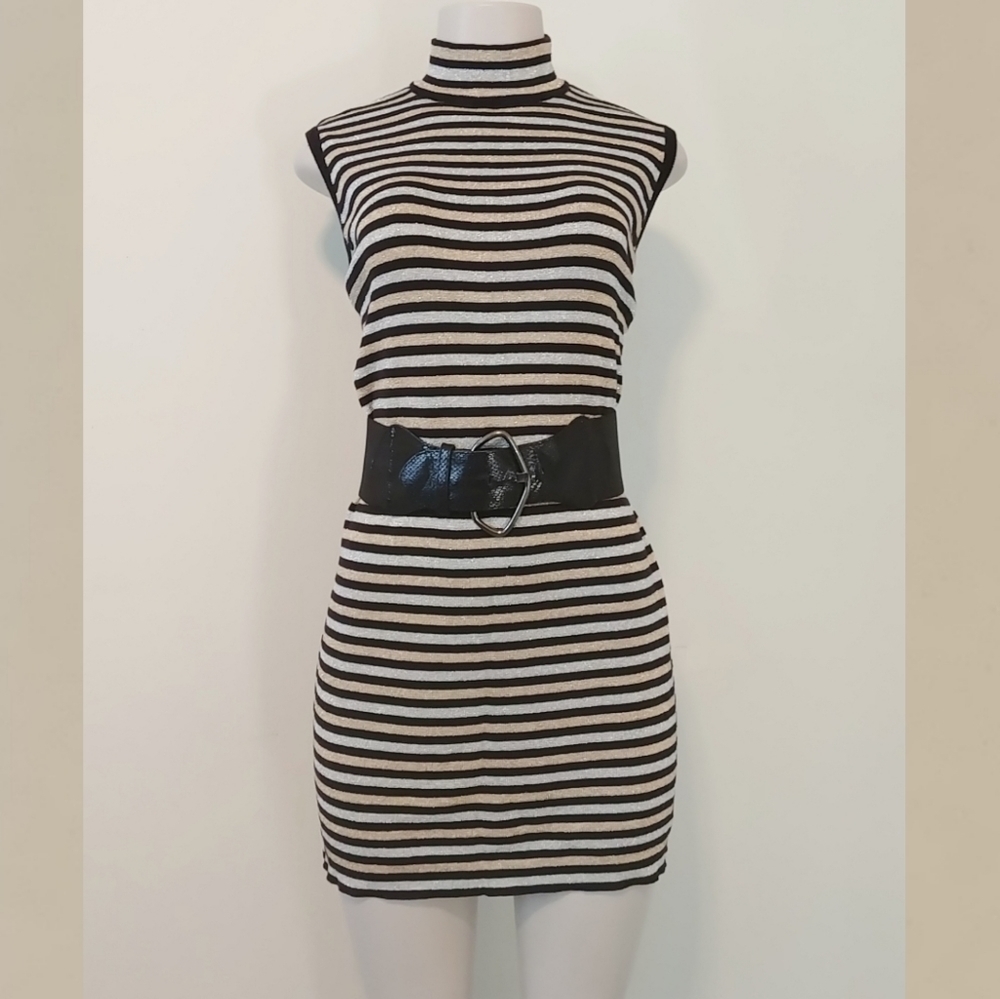 Black Silver Gold Stripped Knit Mock-Neck Dress